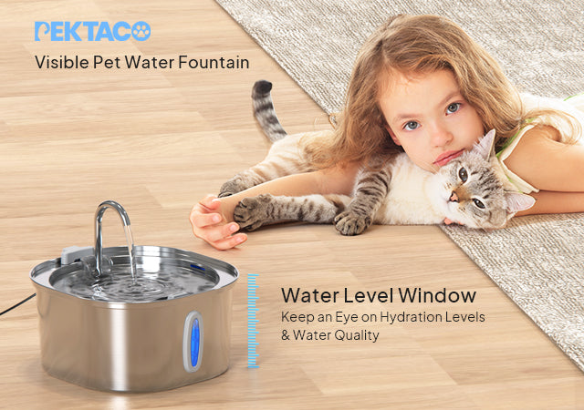 PEKTACO Cat Water Fountain - 3.2L/108oz Stainless Steel Pet Water Fountain Dog Water Dispenser Automatic Cat Fountain with Water Level Window for Cats Inside