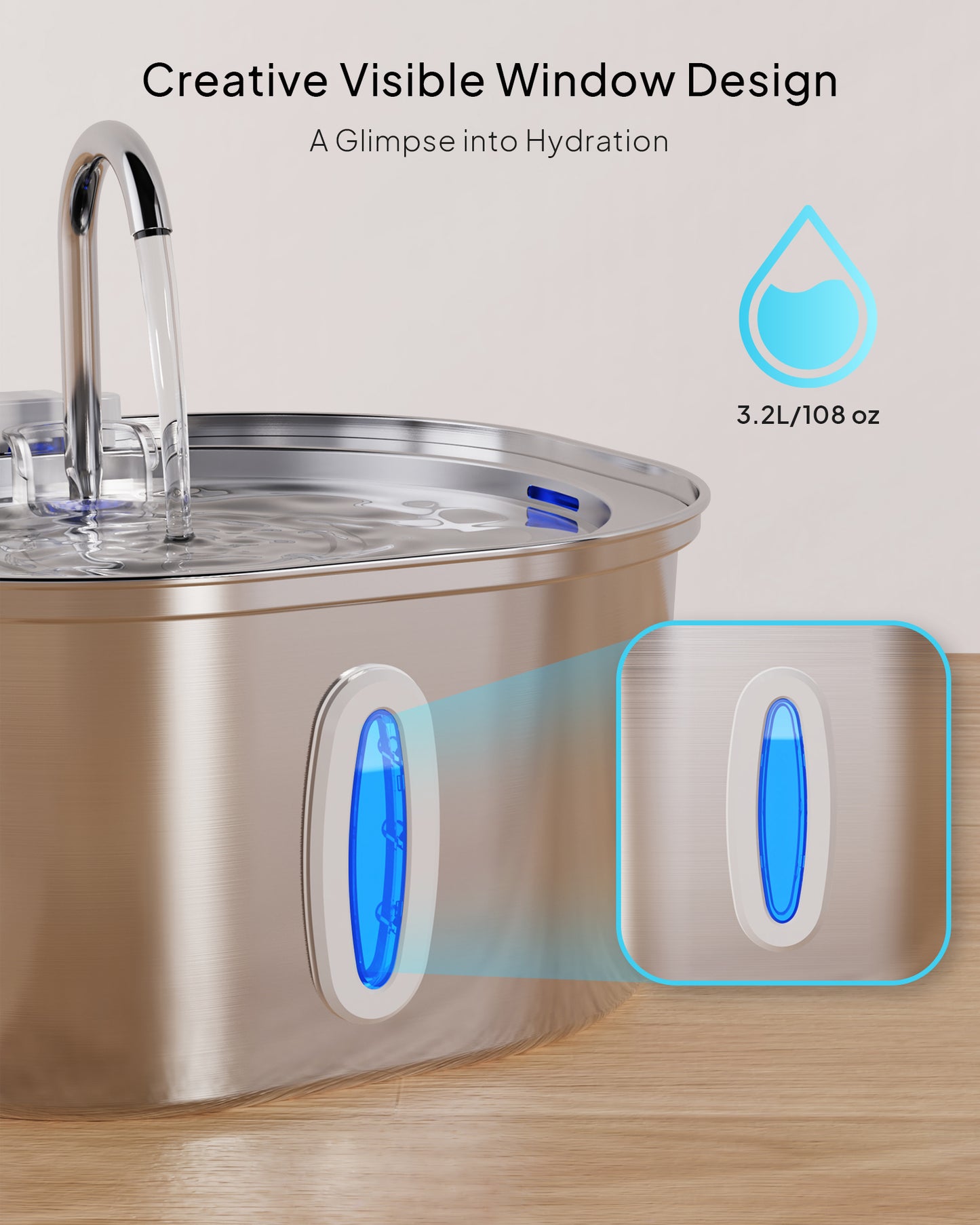 PEKTACO Cat Water Fountain - 3.2L/108oz Stainless Steel Pet Water Fountain Dog Water Dispenser Automatic Cat Fountain with Water Level Window for Cats Inside