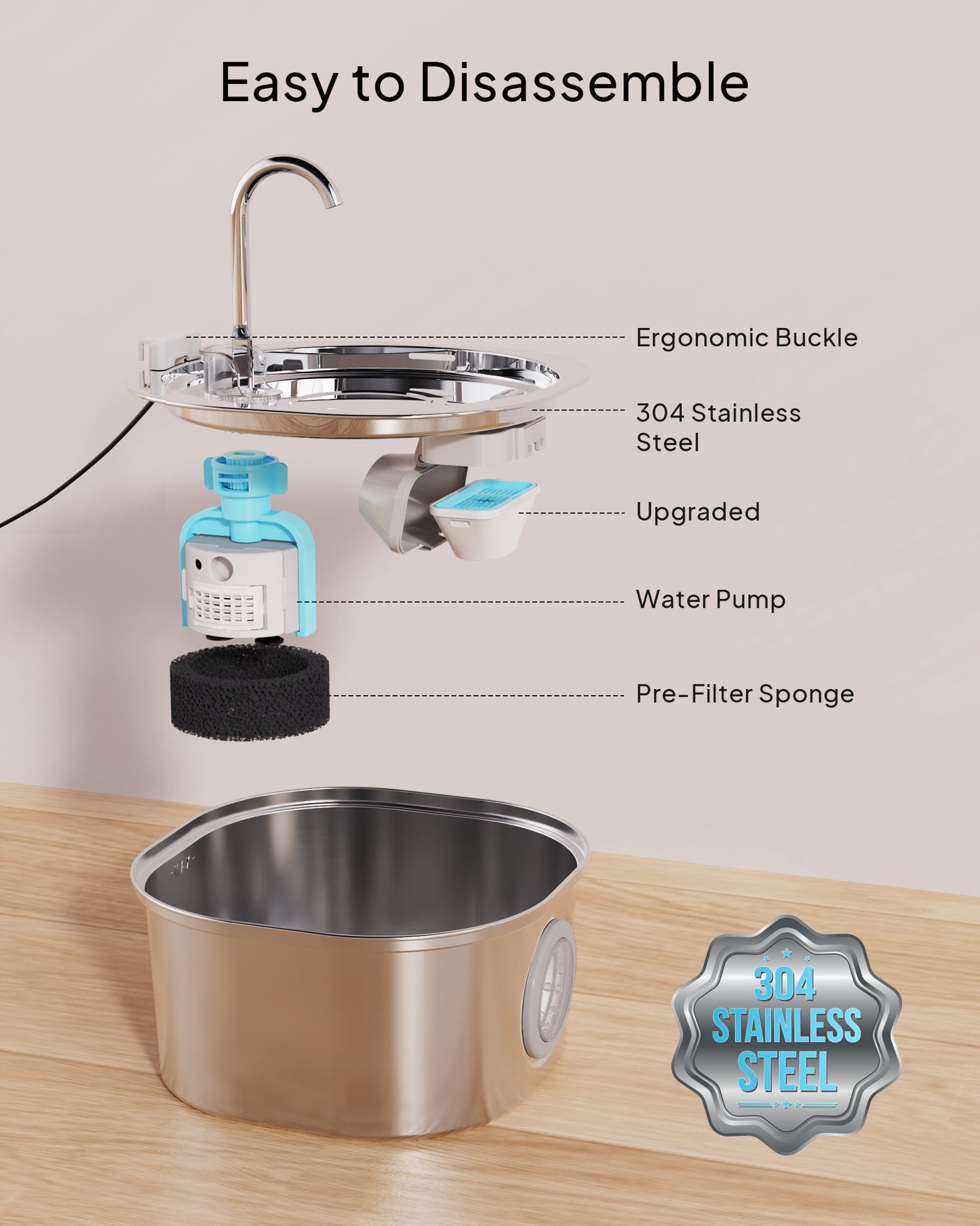 PEKTACO Cat Water Fountain, Pet Water Fountain for Cats/Dogs Inside, Stainless Steel Cat Drinking Fountains with Water Level Window(3.2L/108oz)