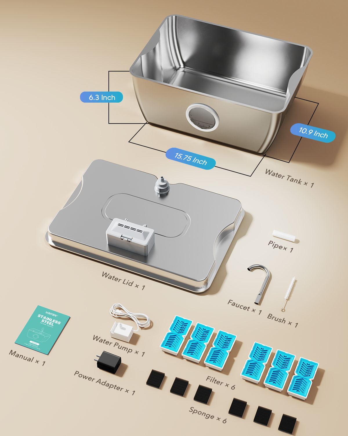 HINTON Stainless Steel Dog Water Fountain for Large Dogs, 12L, 6 Filters | Viewing Window, LED Water Level Indicator, Super Quiet Pump, Easy to Clean, BPA-Free