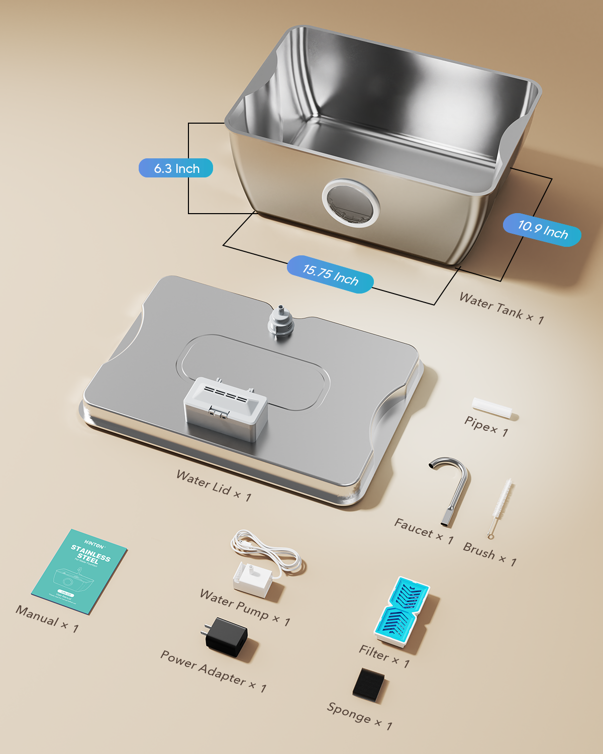 HINTON Stainless Steel Dog Water Fountain for Large Dogs, 12L, 1 Filter | Viewing Window, LED Water Level Indicator, Super Quiet Pump, Easy to Clean, BPA-Free