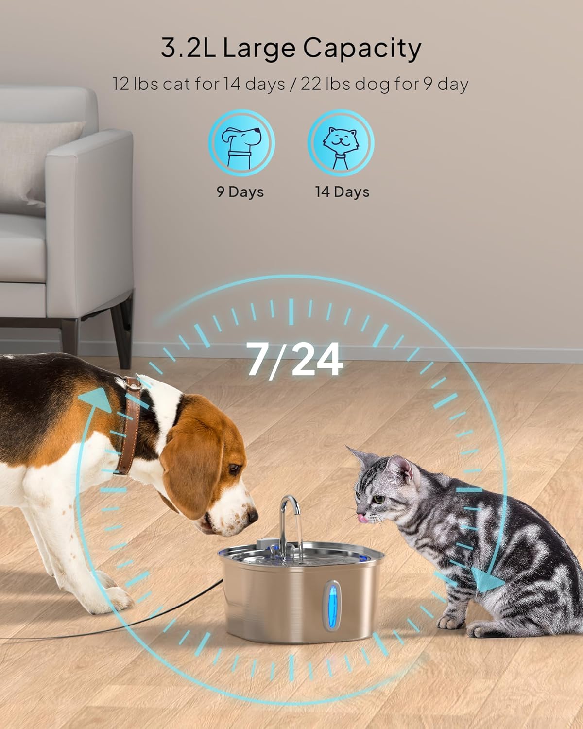 Cat Water Fountain - 3.2L/108oz Stainless Steel Pet Water Drinking Fountain for Cats Indoor, Dog Water Fountain with Water Level Window and 3 Filters + 3 Sponges