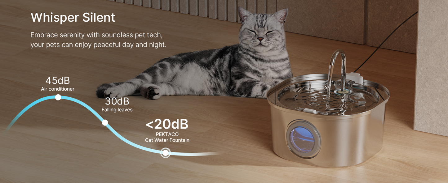 PEKTACO Cat Water Fountain, Pet Water Fountain for Cats/Dogs Inside, Stainless Steel Cat Drinking Fountains with Water Level Window(3.2L/108oz)