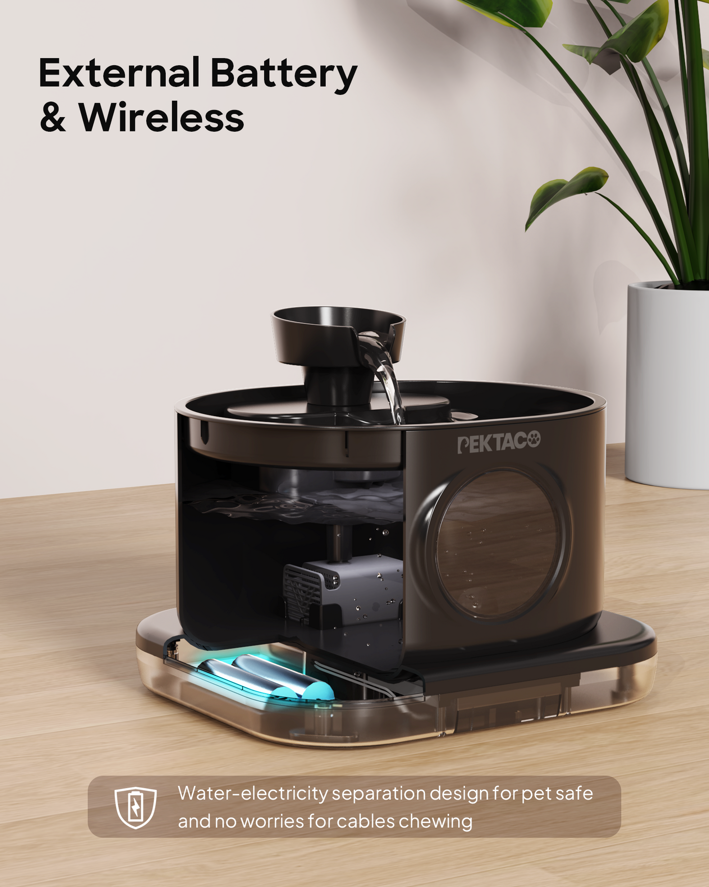 PEKTACO Wireless Cat Water Fountain, Automatic Battery Operated Pet Water Fountain, 95oz/2.8L Rechargeable Cat Water Dispenser with 2 Flow Modes-Black