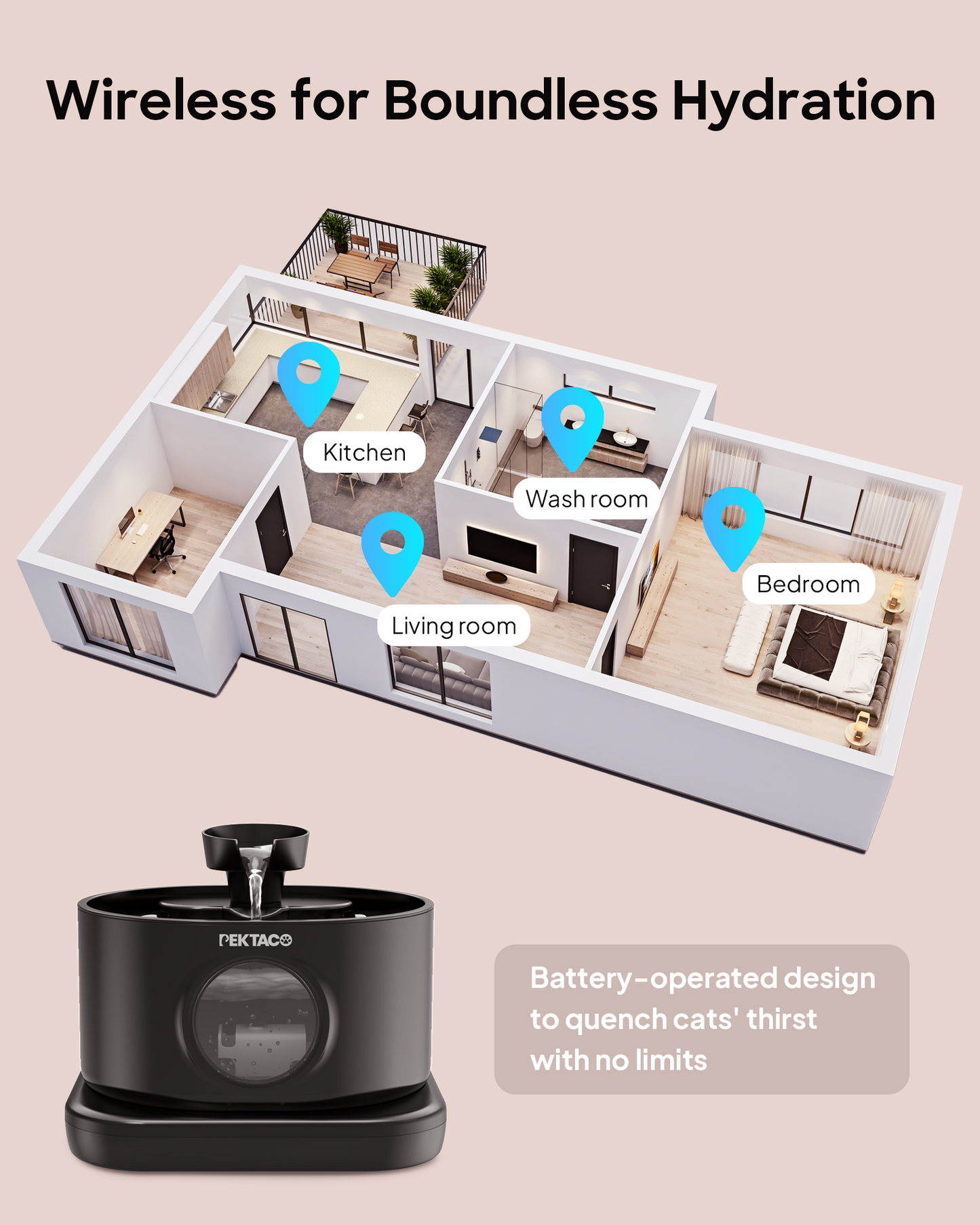 PEKTACO Wireless Cat Water Fountain, Automatic Battery Operated Pet Water Fountain, 95oz/2.8L Rechargeable Cat Water Dispenser with 2 Flow Modes-Black