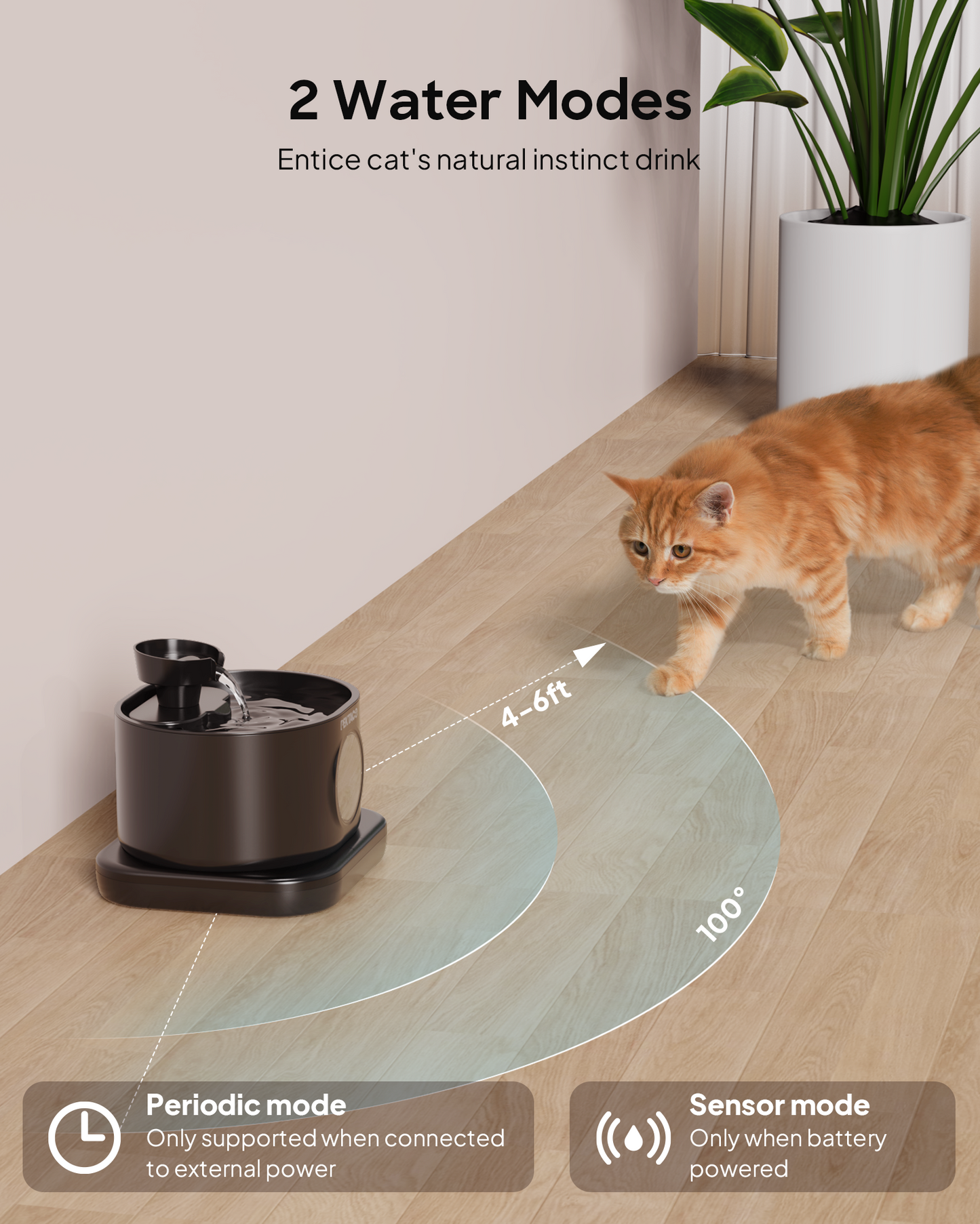 PEKTACO Wireless Cat Water Fountain, Automatic Battery Operated Pet Water Fountain, 95oz/2.8L Rechargeable Cat Water Dispenser with 2 Flow Modes-Black