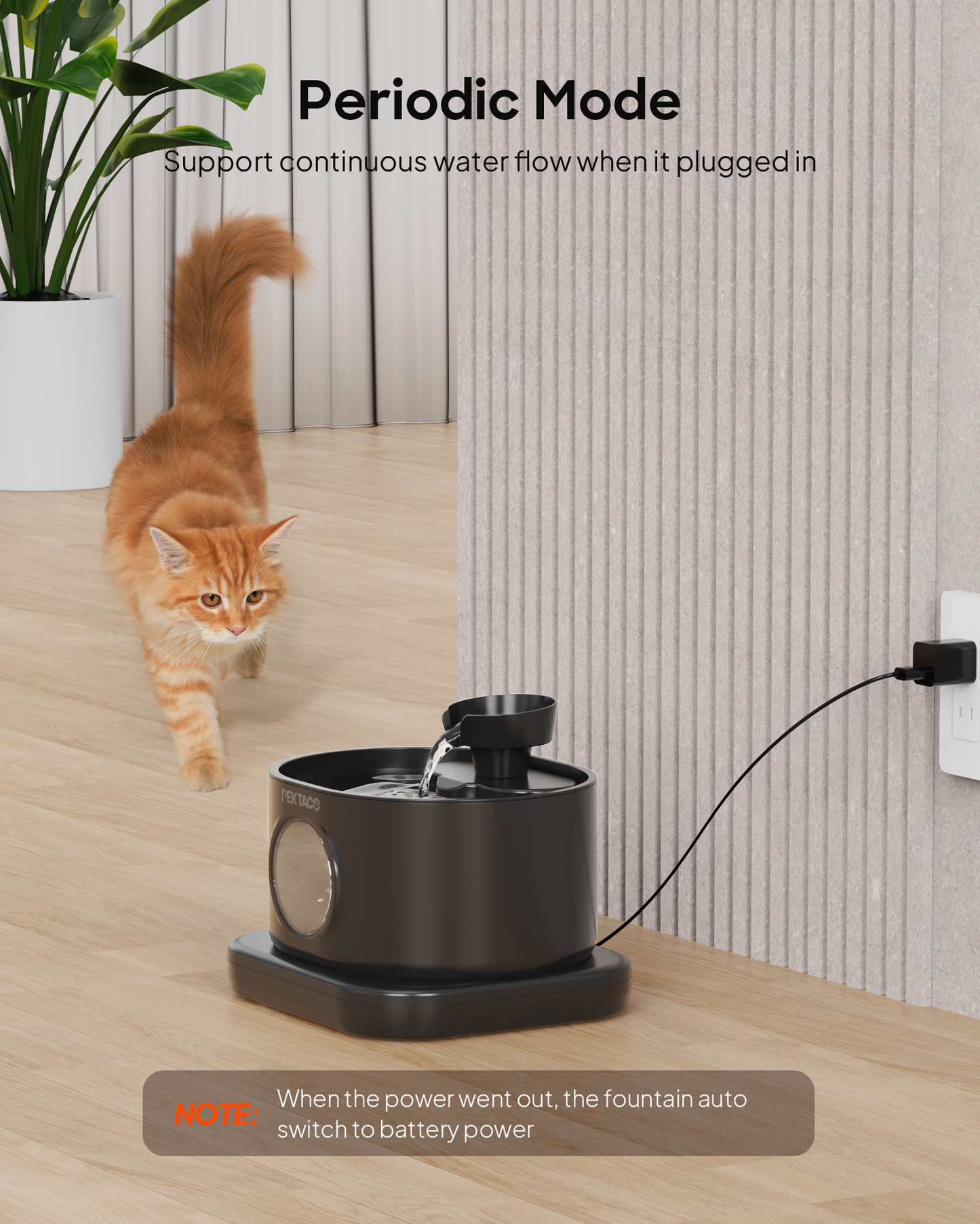 PEKTACO Wireless Cat Water Fountain, Automatic Battery Operated Pet Water Fountain, 95oz/2.8L Rechargeable Cat Water Dispenser with 2 Flow Modes-Black