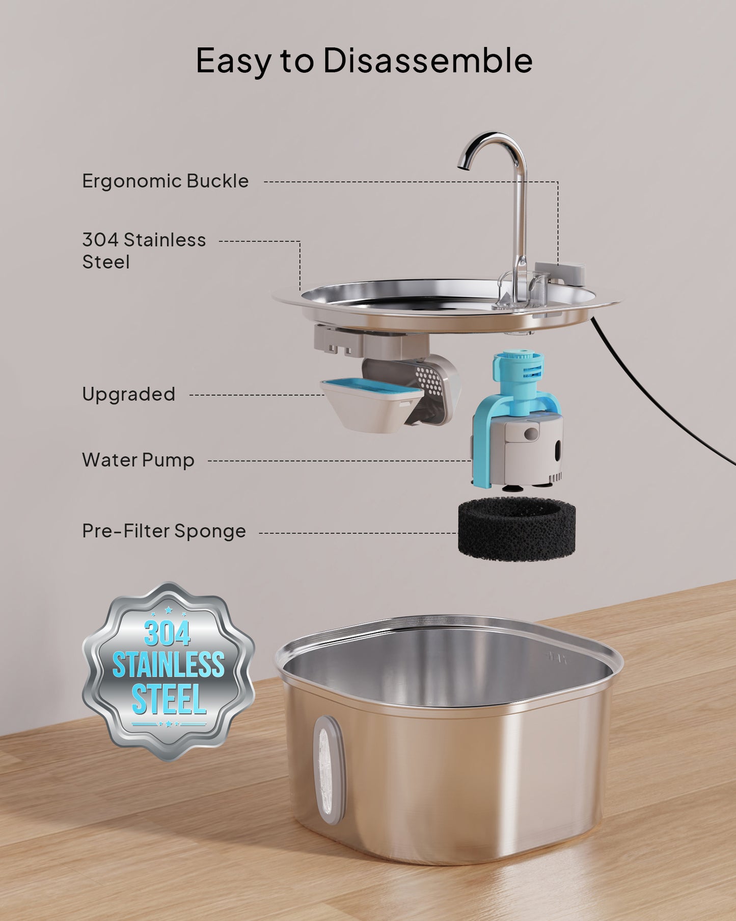 PEKTACO Cat Water Fountain - 3.2L/108oz Stainless Steel Pet Water Fountain Dog Water Dispenser Automatic Cat Fountain with Water Level Window for Cats Inside