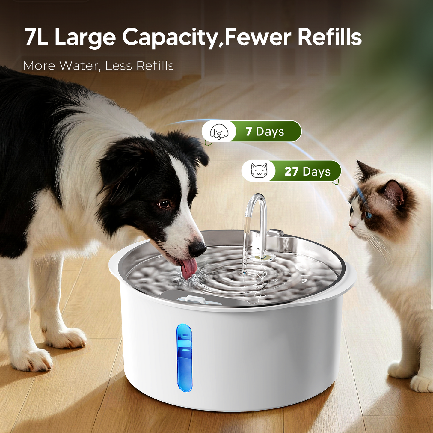Pektaco Dog Water Fountain for Large Dogs, 1.8Gal/7L Stainless Steel Pet Fountain, Dog Water Bowl Dispenser with Viewing Window & LED, Super Quiet, Replacement Filters, Easy Clean BPA-Free