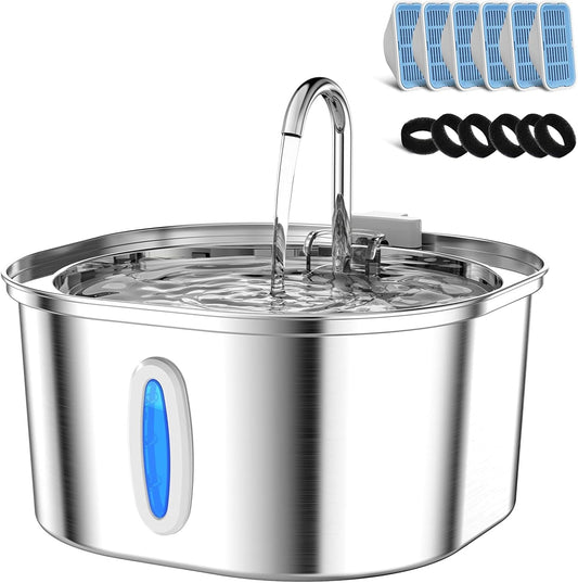 Cat Water Fountain - 3.2L/108oz Stainless Steel Pet Water Drinking Fountain for Cats Indoor, Dog Water Fountain with Water Level Window and 6 Filters + 6 Sponges