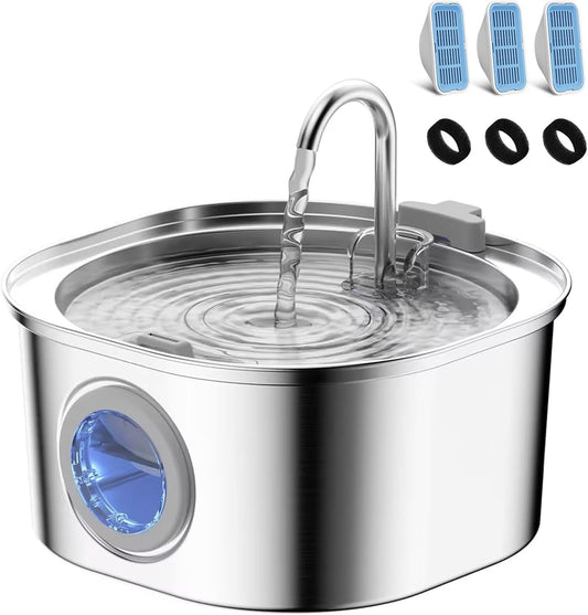 Cat Water Fountain, Pet Water Fountain for Cats/Dogs Indoor, Stainless Steel Cat Drinking Fountains with Water Level Window and 3 Filters + 3 Sponges(3.2L/108oz)