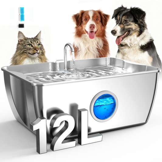 HINTON Stainless Steel Dog Water Fountain for Large Dogs, 12L, 1 Filter | Viewing Window, LED Water Level Indicator, Super Quiet Pump, Easy to Clean, BPA-Free