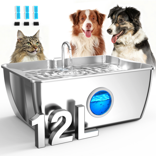 HINTON Stainless Steel Dog Water Fountain for Large Dogs, 12L, 3 Filters | Viewing Window, LED Water Level Indicator, Super Quiet Pump, Easy to Clean, BPA-Free