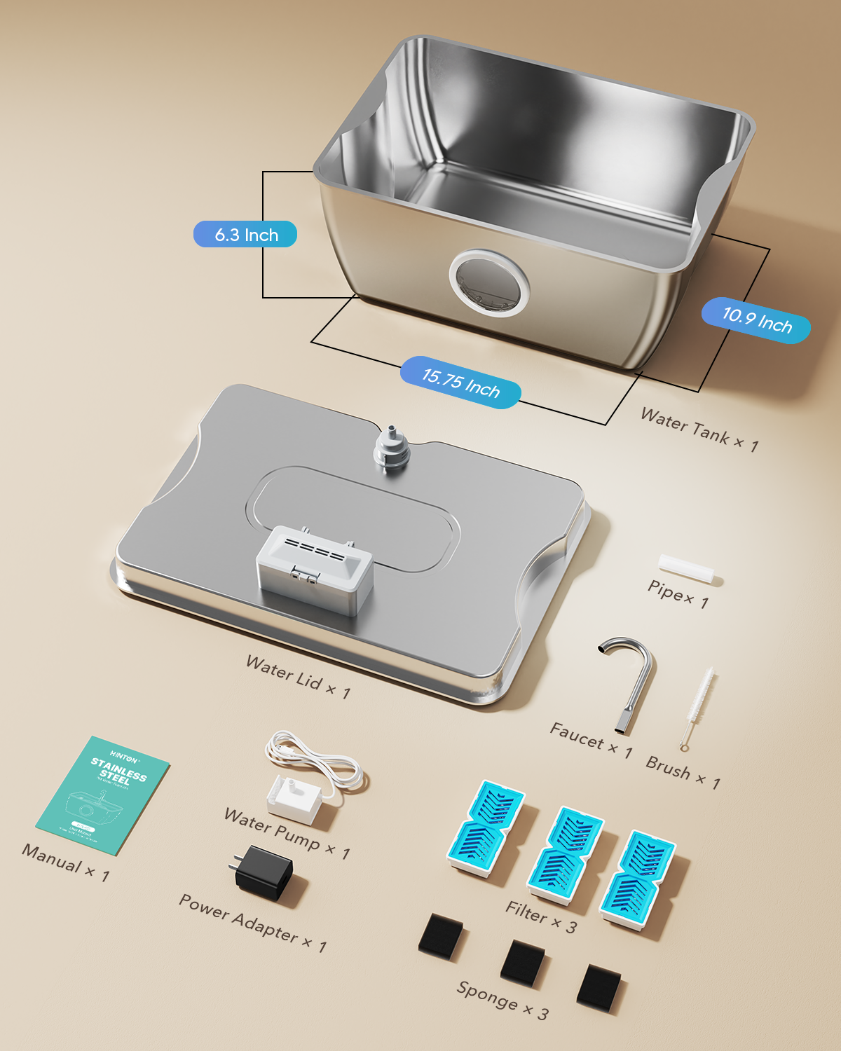 HINTON Stainless Steel Dog Water Fountain for Large Dogs, 12L, 3 Filters | Viewing Window, LED Water Level Indicator, Super Quiet Pump, Easy to Clean, BPA-Free