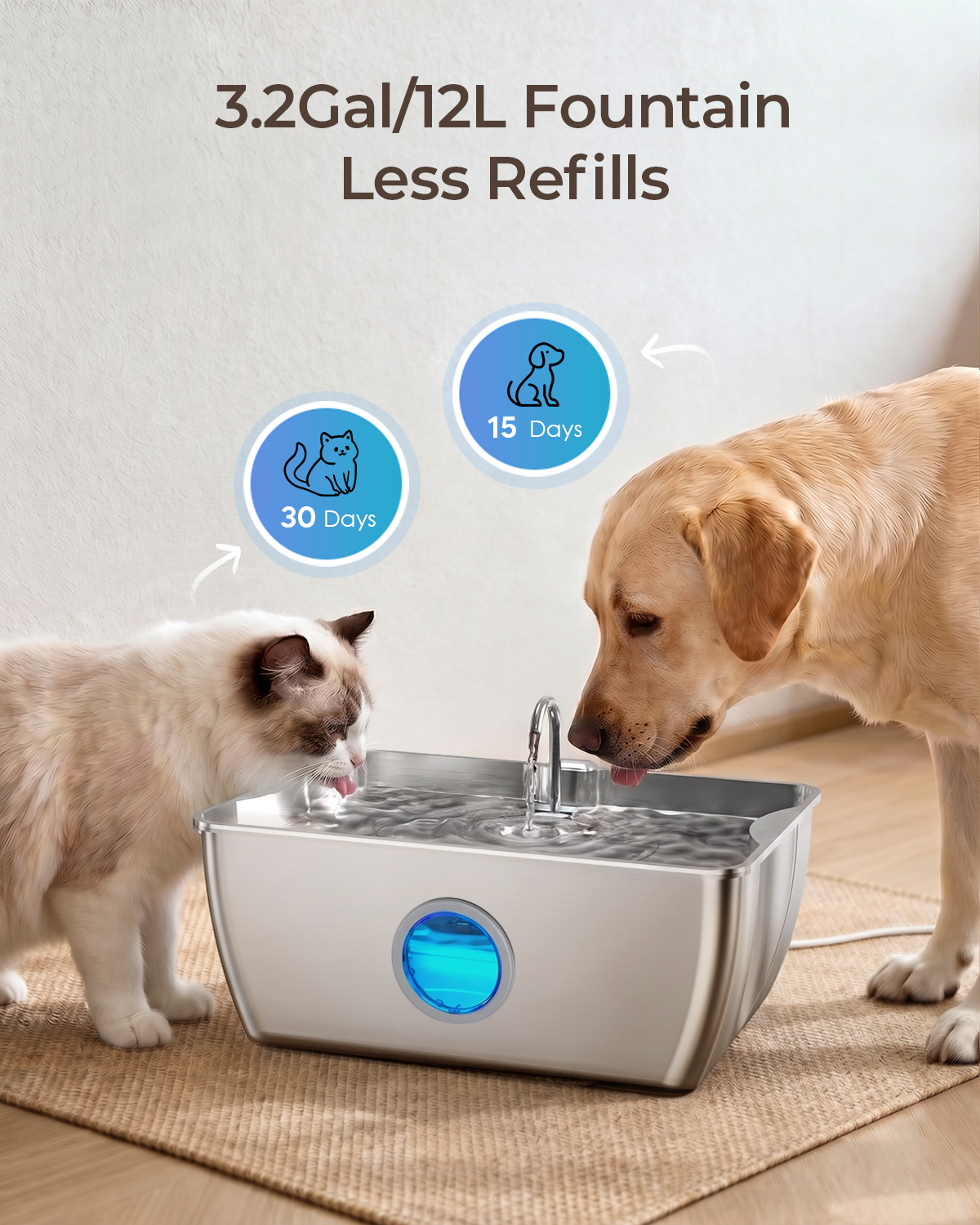 HINTON Stainless Steel Dog Water Fountain for Large Dogs, 12L, 3 Filters | Viewing Window, LED Water Level Indicator, Super Quiet Pump, Easy to Clean, BPA-Free