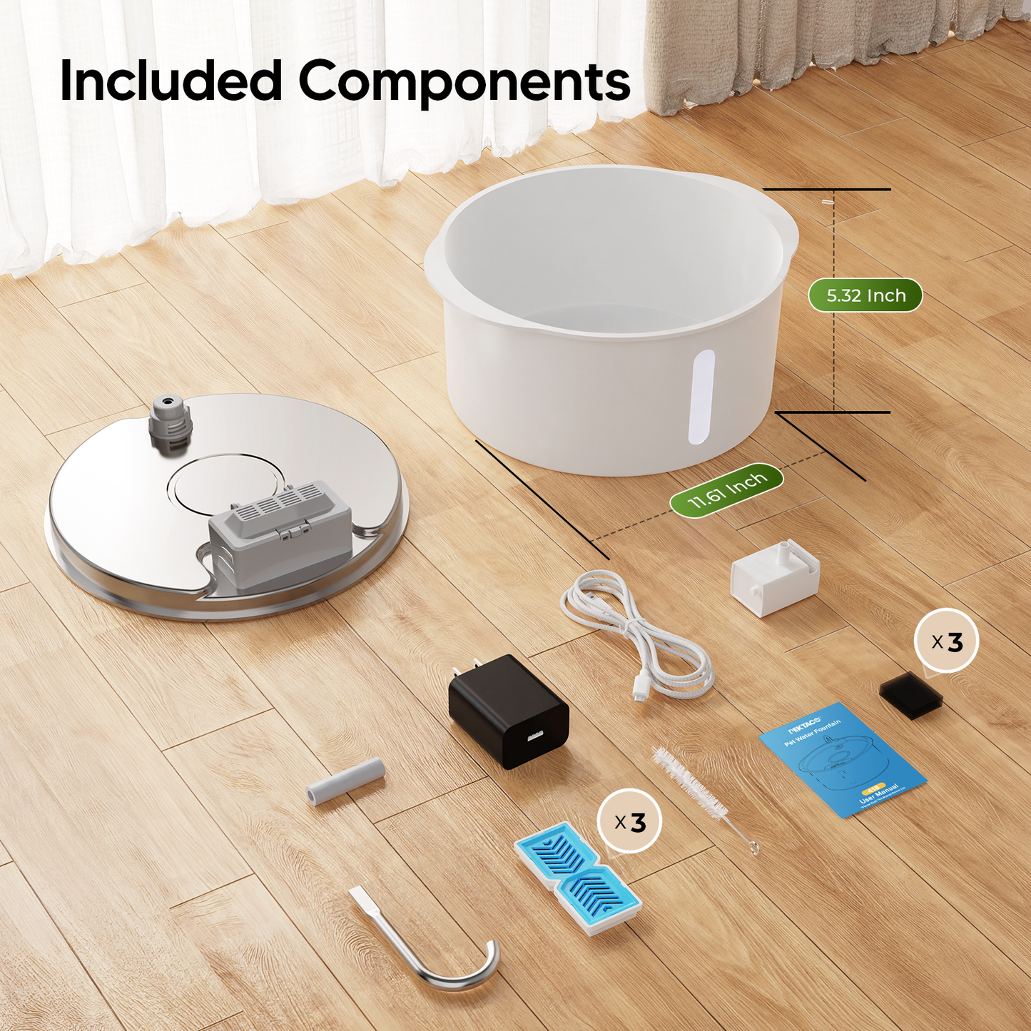 Dog Water Fountain for Large Dogs, 1.8Gal/7L Stainless Steel Pet Fountain, Dog Water Bowl Dispenser with Viewing Window & LED, Super Quiet, Replacement Filters, Easy Clean BPA-Free(with 3 Filters)