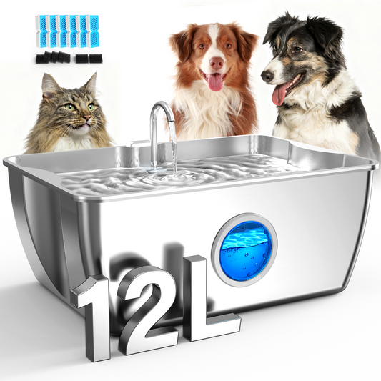 HINTON Stainless Steel Dog Water Fountain for Large Dogs, 12L, 6 Filters | Viewing Window, LED Water Level Indicator, Super Quiet Pump, Easy to Clean, BPA-Free