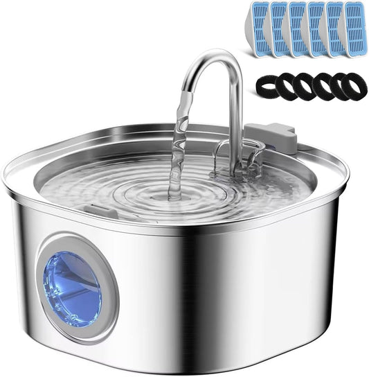 Cat Water Fountain, Pet Water Fountain for Cats/Dogs Indoor, Stainless Steel Cat Drinking Fountains with Water Level Window and 6 Filters + 6 Sponges(3.2L/108oz)