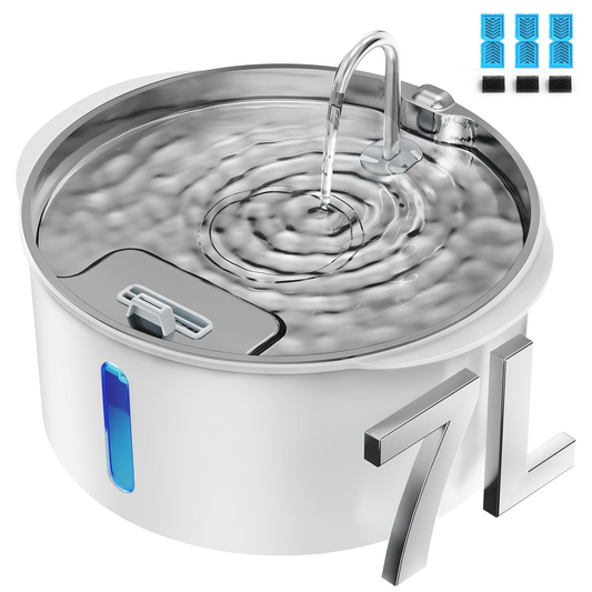 Dog Water Fountain for Large Dogs, 1.8Gal/7L Stainless Steel Pet Fountain, Dog Water Bowl Dispenser with Viewing Window & LED, Super Quiet, Replacement Filters, Easy Clean BPA-Free(with 3 Filters)