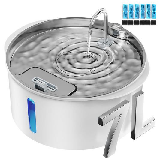 Dog Water Fountain for Large Dogs, 1.8Gal/7L Stainless Steel Pet Fountain, Dog Water Bowl Dispenser with Viewing Window & LED, Super Quiet, Replacement Filters, Easy Clean BPA-Free(with 6 Filters)