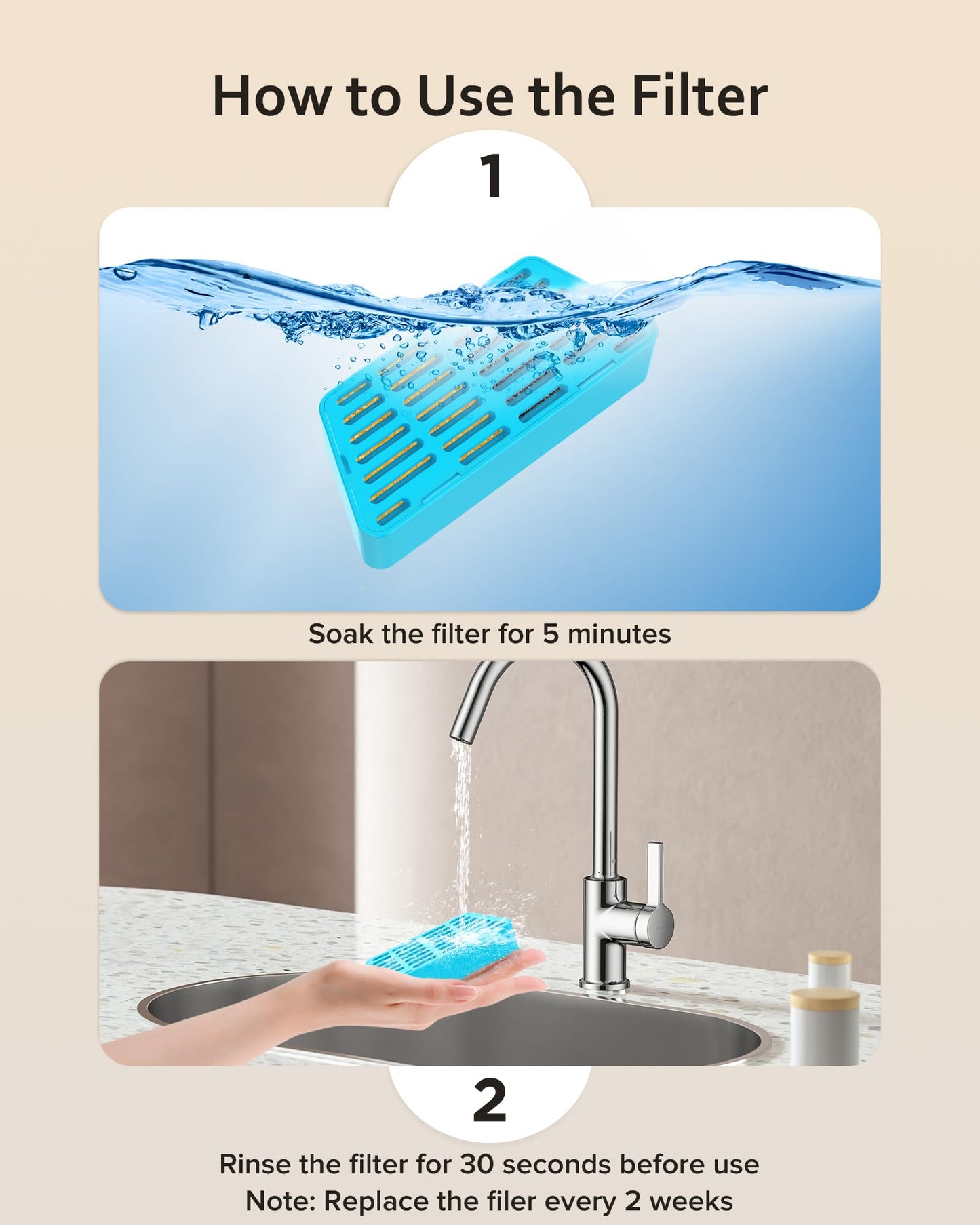 PEKTACO Replacement Cat Water Fountain Filters, 2.2L/74oz Automatic Pet Water Fountain Replacement Filters and Sponges(3 Pack)